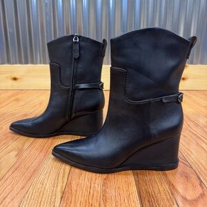 Franco Sarto Etta Black Leather Pointed Toe Wedge Ankle Boots